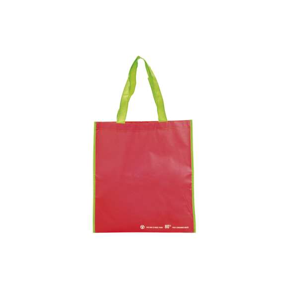 Bolsa en resistente material PET reciclado en variada gama de vivos colores brillantes. Con asas largas de 60cm en verde y reforzadas en nylon. Fuelle en verde reforzado con ribetes. De acabado cosido y resistencia hasta 12kg de peso.