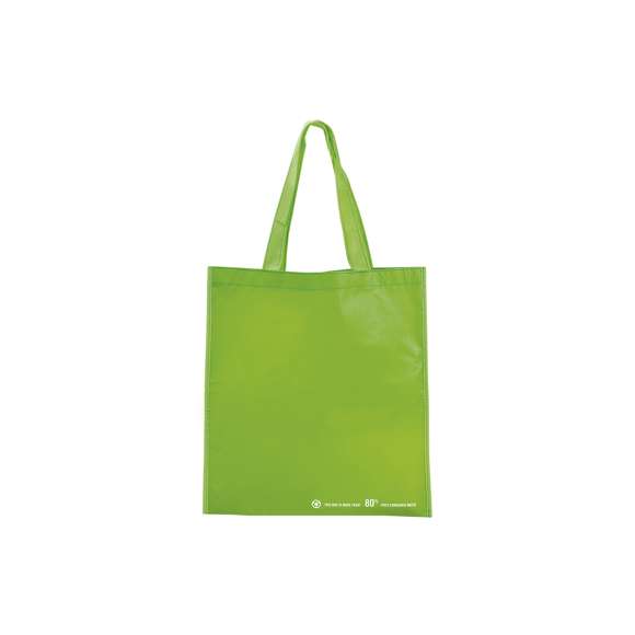 Bolsa en resistente material PET reciclado en variada gama de vivos colores brillantes. Con asas largas de 60cm en verde y reforzadas en nylon. Fuelle en verde reforzado con ribetes. De acabado cosido y resistencia hasta 12kg de peso.