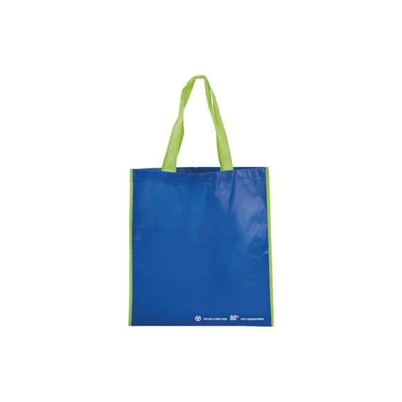 Bolsa en resistente material PET reciclado en variada gama de vivos colores brillantes. Con asas largas de 60cm en verde y reforzadas en nylon. Fuelle en verde reforzado con ribetes. De acabado cosido y resistencia hasta 12kg de peso.