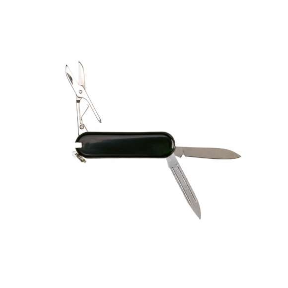 Mininavaja multiusos con accesorios de acero inox, de 6 funciones en variados colores. Incluye navajas, pinzas, lima, palillo, anilla para llavero y tijeras. Presentada en caja individual.