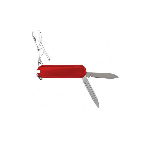 Mininavaja multiusos con accesorios de acero inox, de 6 funciones en variados colores. Incluye navajas, pinzas, lima, palillo, anilla para llavero y tijeras. Presentada en caja individual.