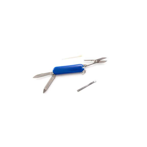 Mininavaja multiusos con accesorios de acero inox, de 6 funciones en variados colores. Incluye navajas, pinzas, lima, palillo, anilla para llavero y tijeras. Presentada en caja individual.