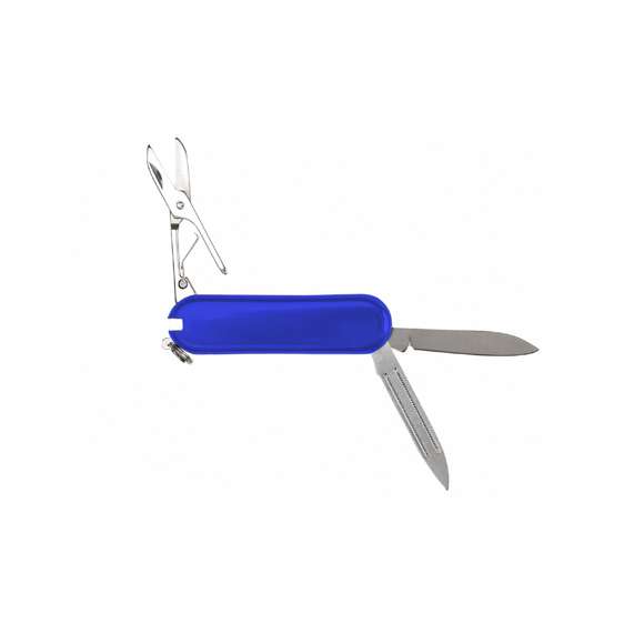 Mininavaja multiusos con accesorios de acero inox, de 6 funciones en variados colores. Incluye navajas, pinzas, lima, palillo, anilla para llavero y tijeras. Presentada en caja individual.
