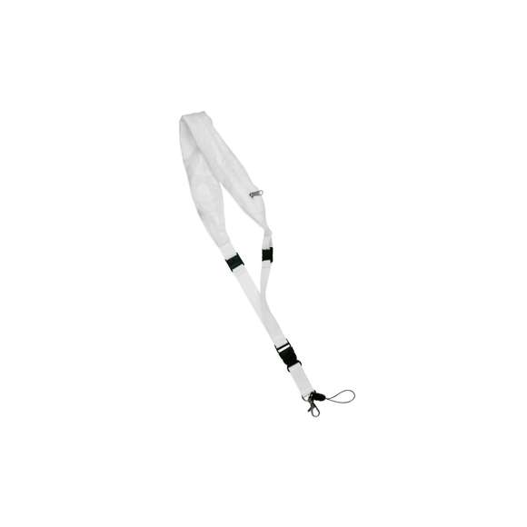  	Lanyard en resistente y suave poliéster de variados colores con gorro impermeable en nylon integrado en cuello y cierre de cremallera. Desmontable con cierres de clip y accesorios mosquetón metálico y cinta.