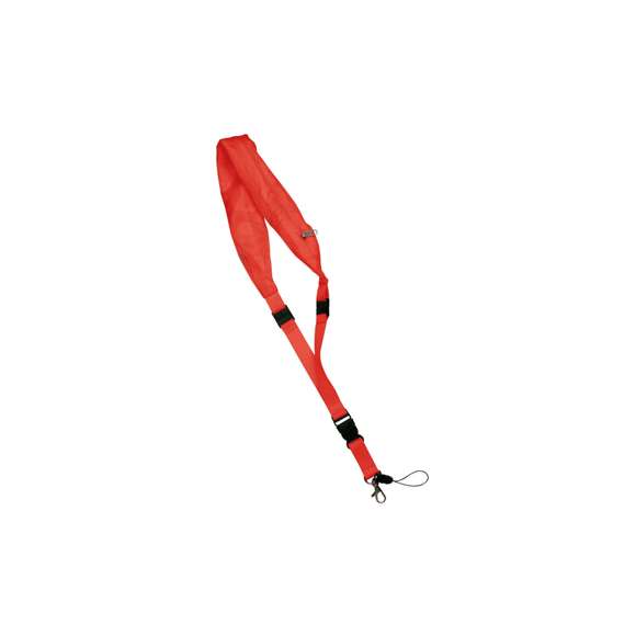  	Lanyard en resistente y suave poliéster de variados colores con gorro impermeable en nylon integrado en cuello y cierre de cremallera. Desmontable con cierres de clip y accesorios mosquetón metálico y cinta.