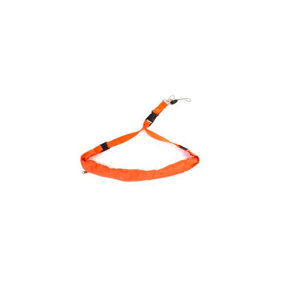  	Lanyard en resistente y suave poliéster de variados colores con gorro impermeable en nylon integrado en cuello y cierre de cremallera. Desmontable con cierres de clip y accesorios mosquetón metálico y cinta.