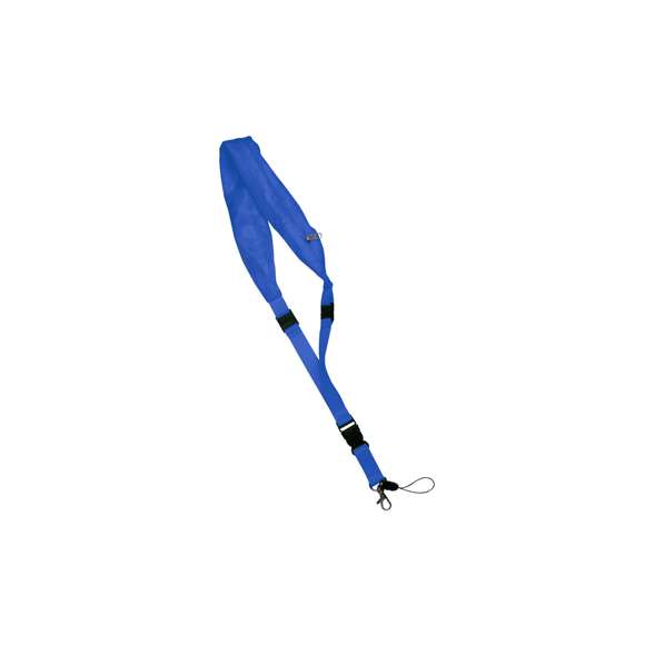  	Lanyard en resistente y suave poliéster de variados colores con gorro impermeable en nylon integrado en cuello y cierre de cremallera. Desmontable con cierres de clip y accesorios mosquetón metálico y cinta.