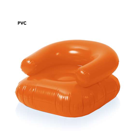 Sillón inflable en PVC de confortable respaldo y con asiento reforzado en vivos colores. Presentado con plegado especial para fácil impresión.