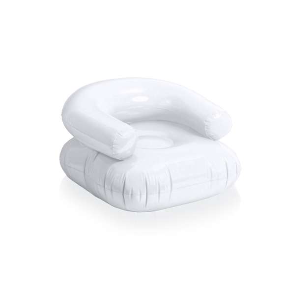 Sillón inflable en PVC de confortable respaldo y con asiento reforzado en vivos colores. Presentado con plegado especial para fácil impresión.