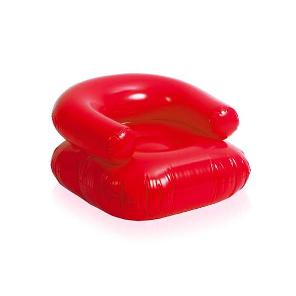 Sillón inflable en PVC de confortable respaldo y con asiento reforzado en vivos colores. Presentado con plegado especial para fácil impresión.