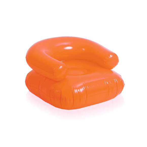 Sillón inflable en PVC de confortable respaldo y con asiento reforzado en vivos colores. Presentado con plegado especial para fácil impresión.