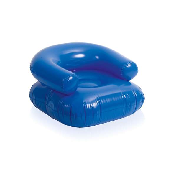 Sillón inflable en PVC de confortable respaldo y con asiento reforzado en vivos colores. Presentado con plegado especial para fácil impresión.