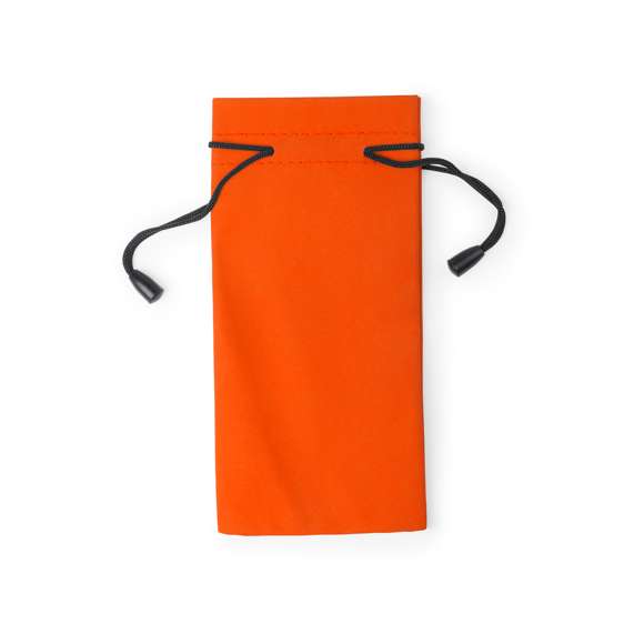 Funda paño limpiador para gafas en suave poliéster y amplia gama de divertidos colores. Con cordones autocierre.